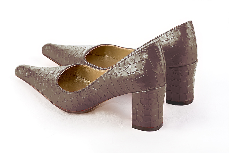 Bronze beige women's dress pumps,with a square neckline. Pointed toe. Medium block heels. Rear view - Florence KOOIJMAN
